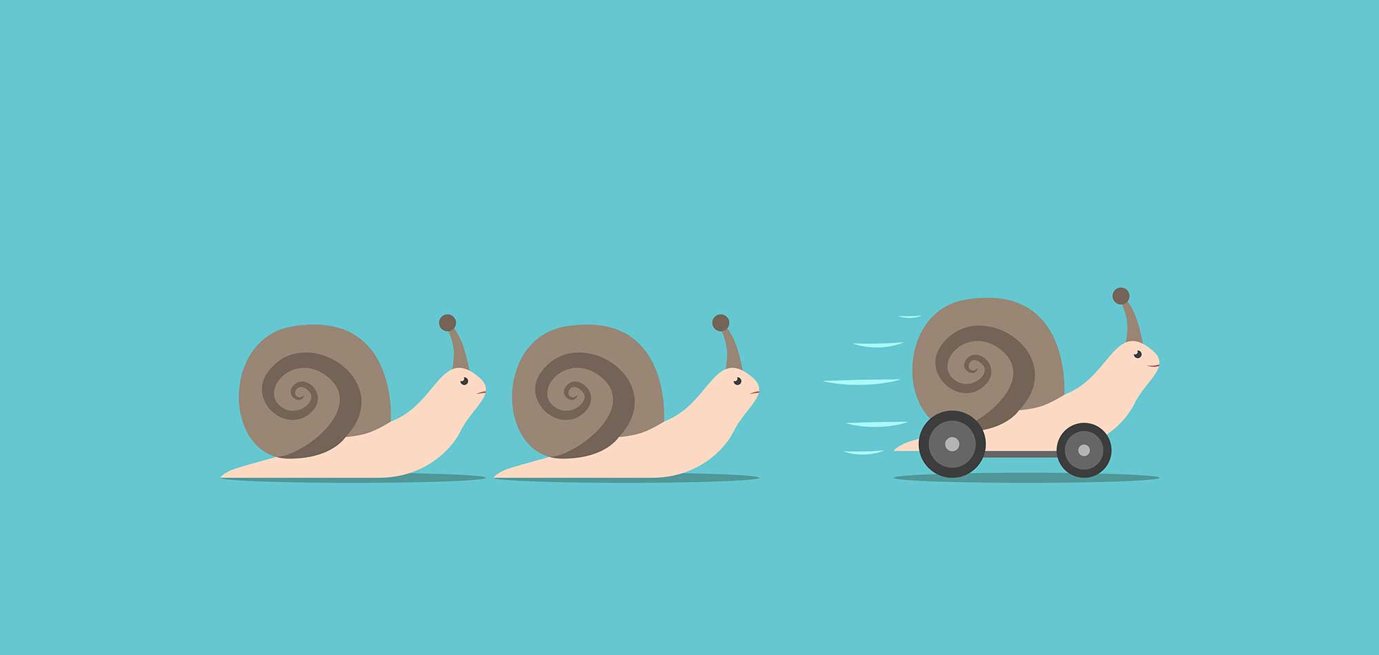 Line of snails but the one in the lead is driving on wheels