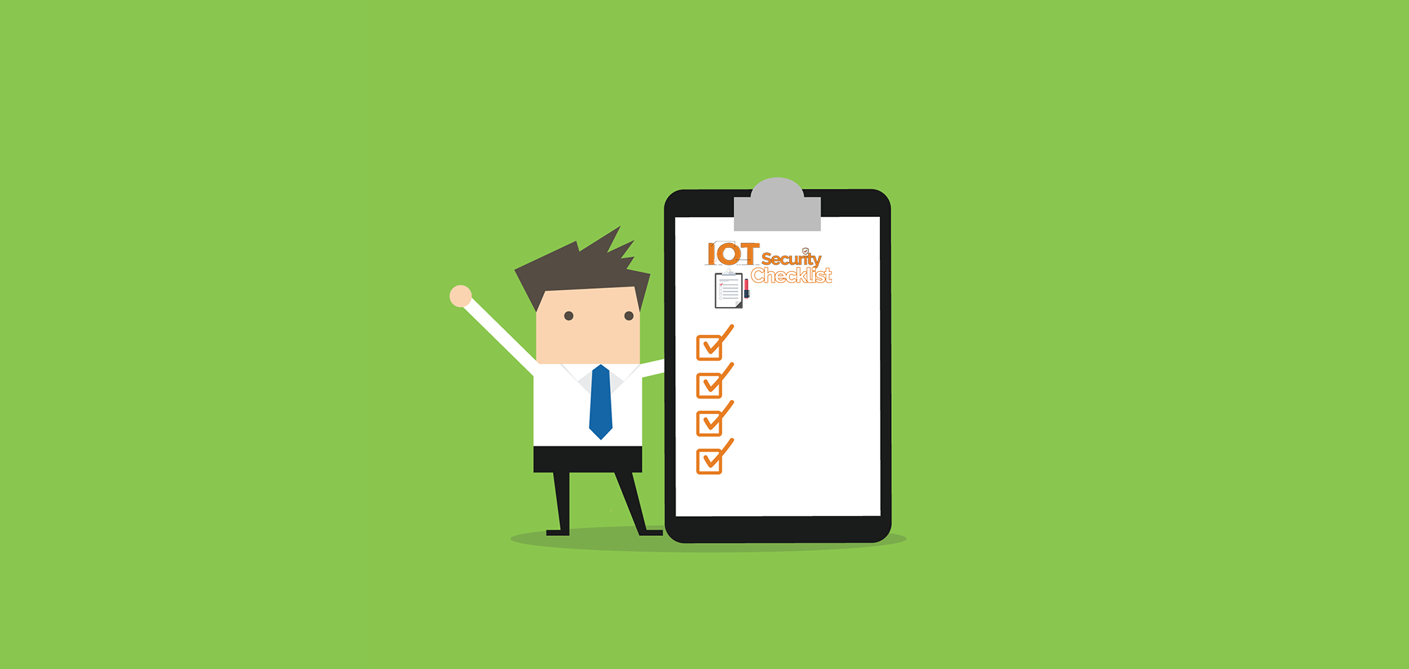happy network engineer standing next to iot security checklist